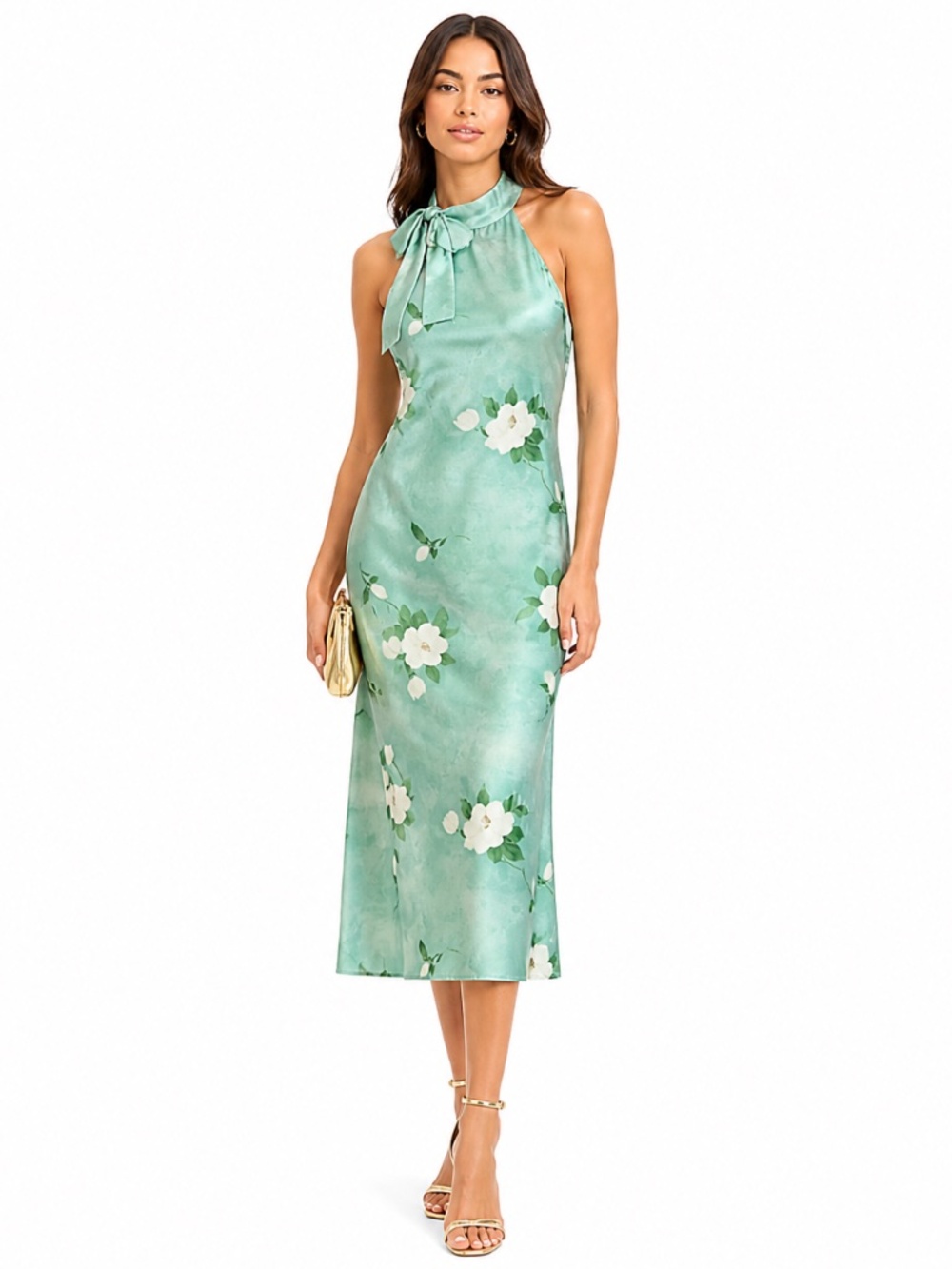 Mint Green Halter Tie Midi Dress White Begonia Floral – Size Small Like New